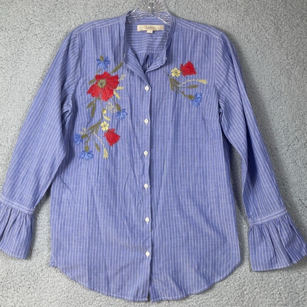 LOFT Embroidered Floral Pinstripe Blouse – Size S